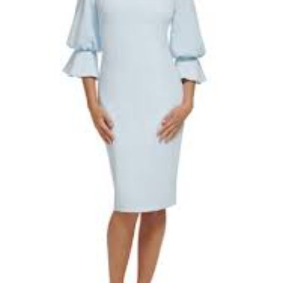 Calvin Klein Bell & Bubble Sleeve Fitted Sheath Dress Size 4 Wht Deep V-Back NWT - Picture 3 of 12